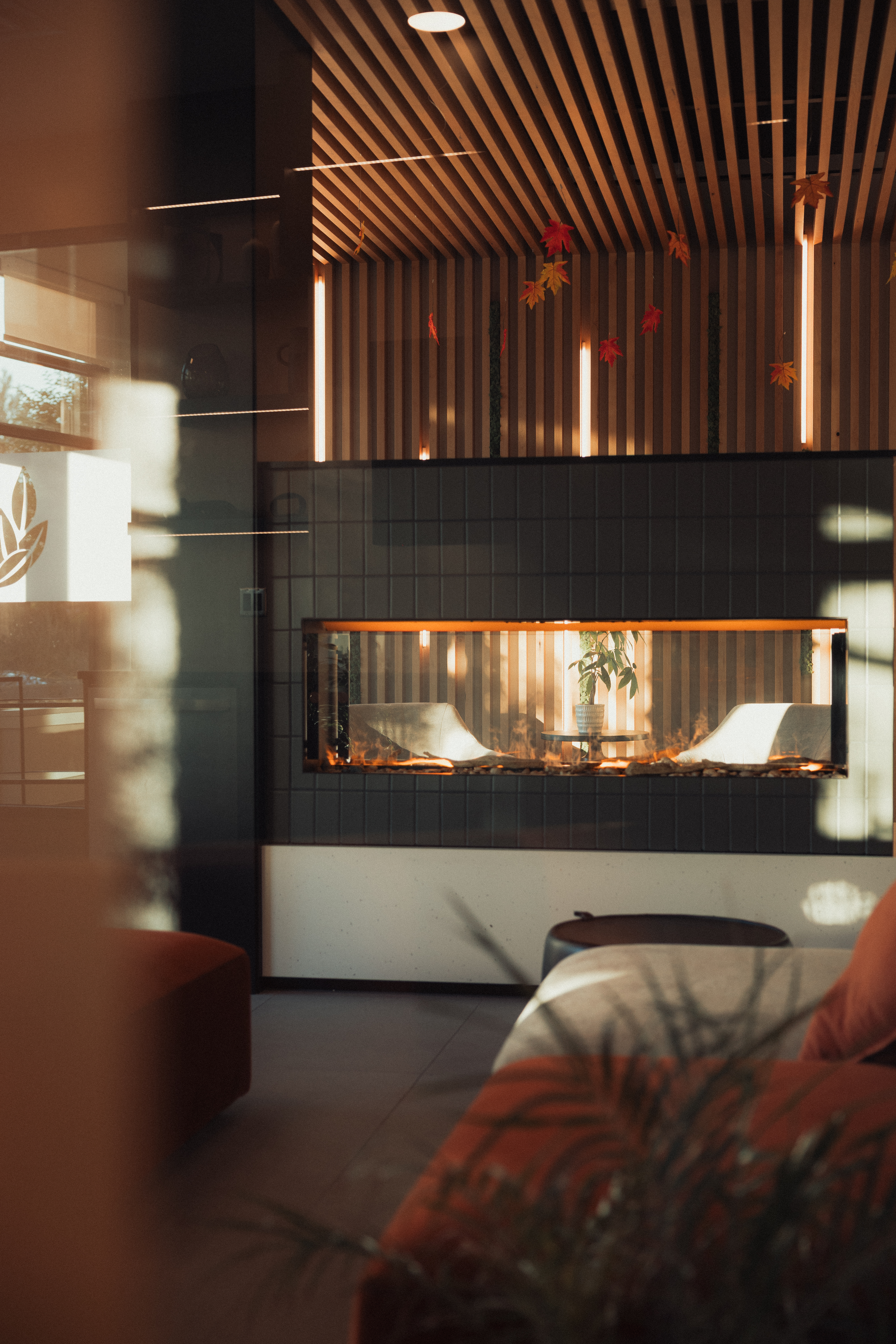 Lobby fireplace at The Hub